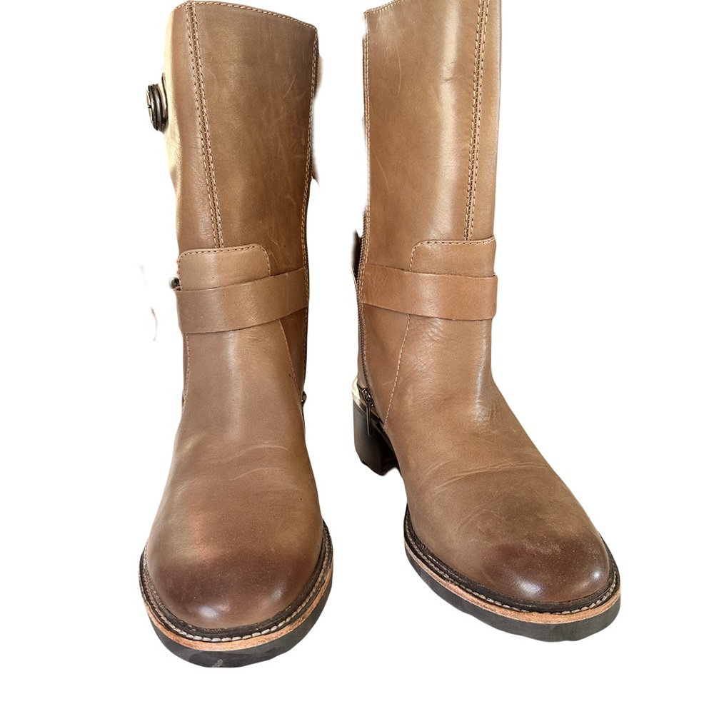 Vince Camuto Tan Combat Moto Boots with Wraparound Strap